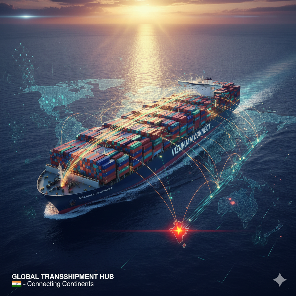 Container ship on a global trade route